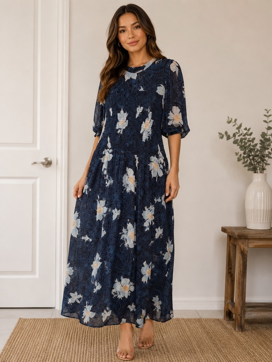 & Other Stories Dresses & Skirts - & Other Stories Navy Floral Maxi Dress with Puff Sleeves